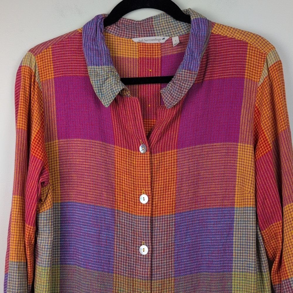 Soft Surroundings Patchwork Plaid Linen Blend Galina Tunic Button Front Top - Picture 3 of 11